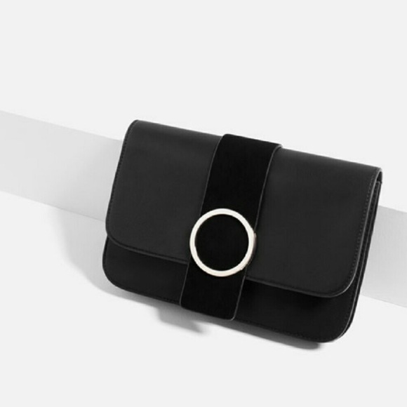 ZARA SPLIT SUEDE BLACK CLUTCH WITH SILVER BUCKLE BRAND NEW WITH TAGS